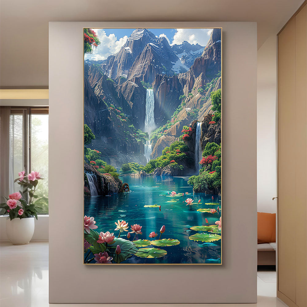 Majestic Mountain Waterfall and Lotus Pond Painting by Krutik – Dreamy Nature Landscape Art