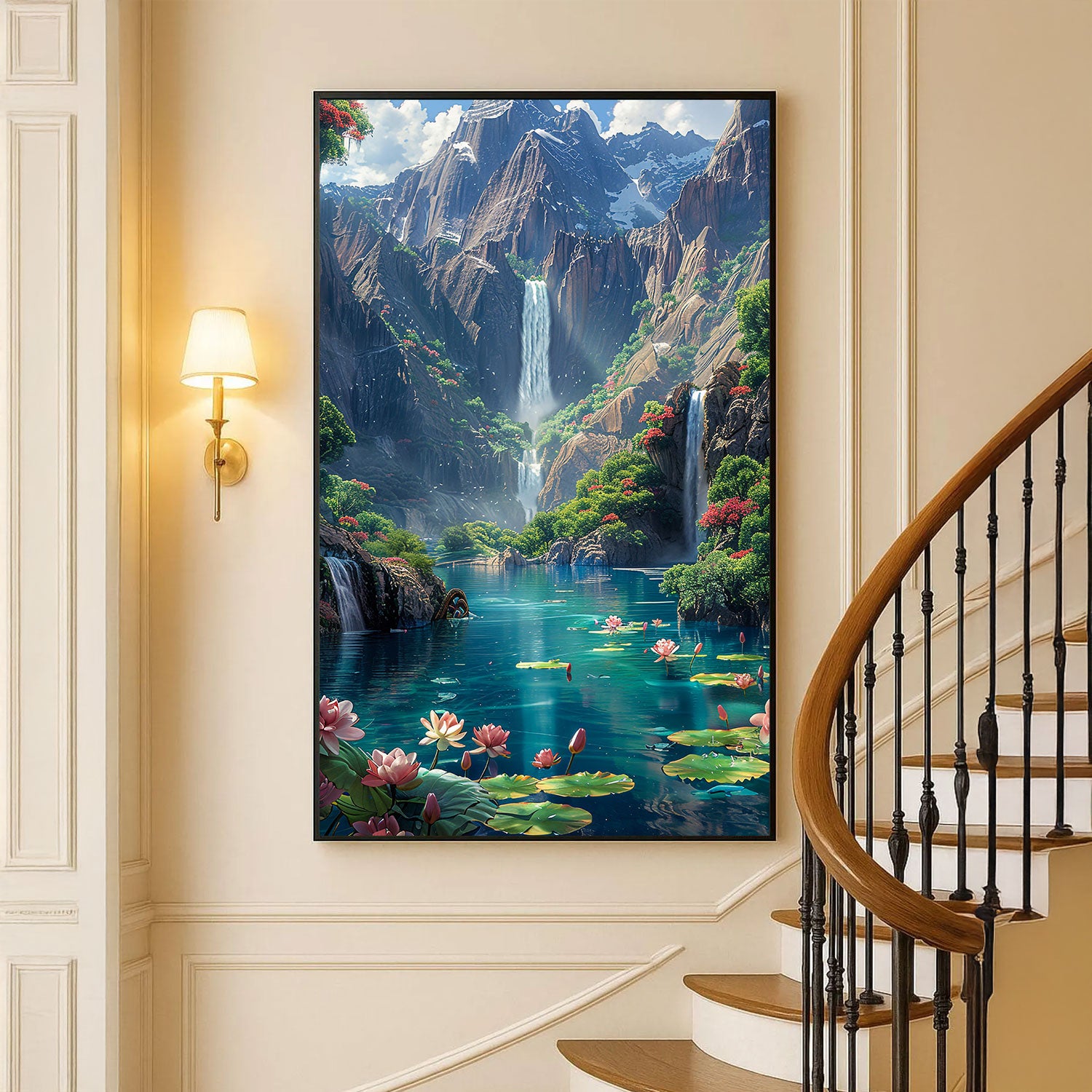 Majestic Mountain Waterfall and Lotus Pond Painting by Krutik – Dreamy Nature Landscape Art