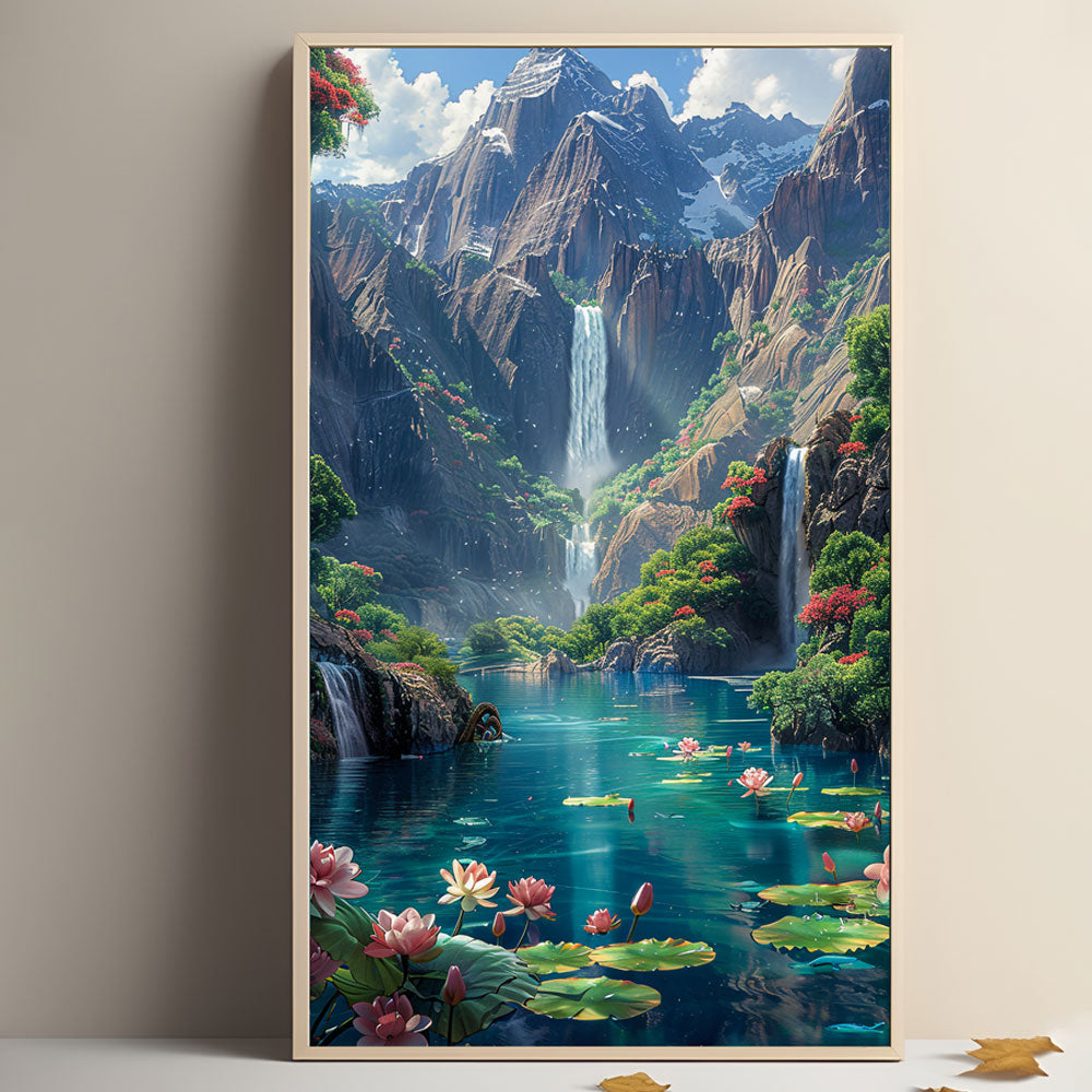 Majestic Mountain Waterfall and Lotus Pond Painting by Krutik – Dreamy Nature Landscape Art