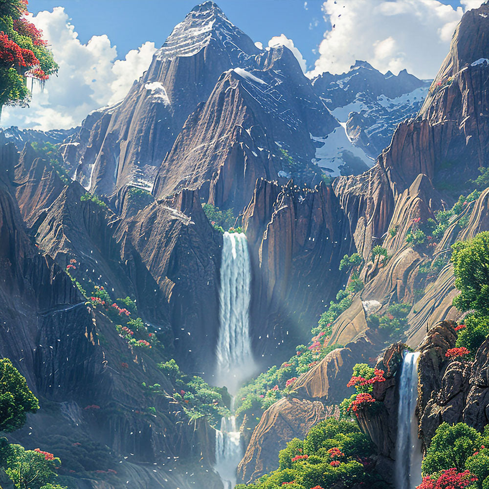 Majestic Mountain Waterfall and Lotus Pond Painting by Krutik – Dreamy Nature Landscape Art