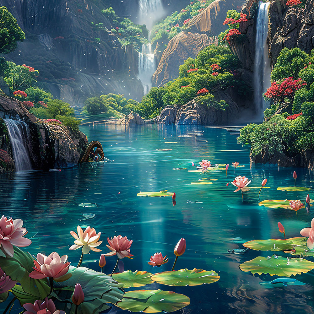 Majestic Mountain Waterfall and Lotus Pond Painting by Krutik – Dreamy Nature Landscape Art
