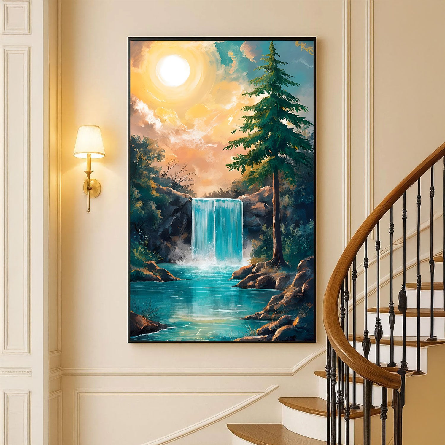 Sunlit Forest Waterfall Painting by Krutik – Tranquil Nature Landscape Art