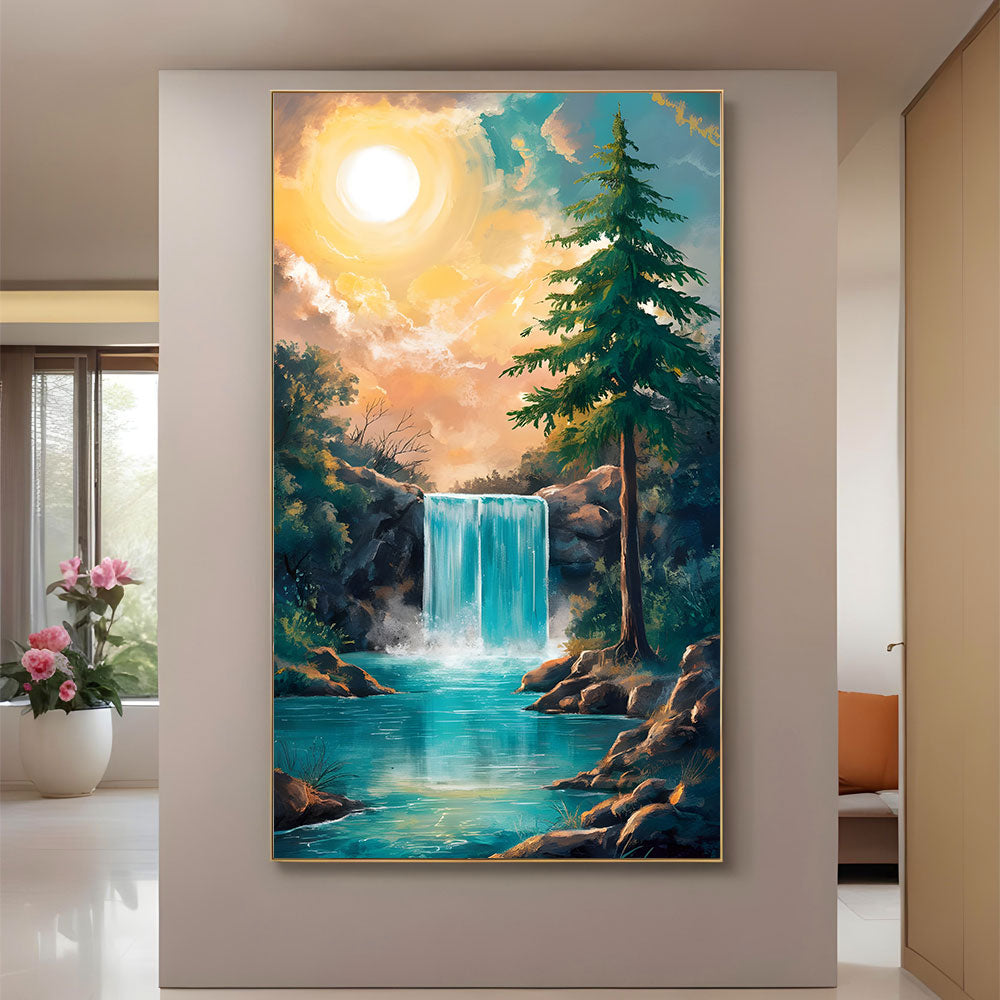 Sunlit Forest Waterfall Painting by Krutik – Tranquil Nature Landscape Art