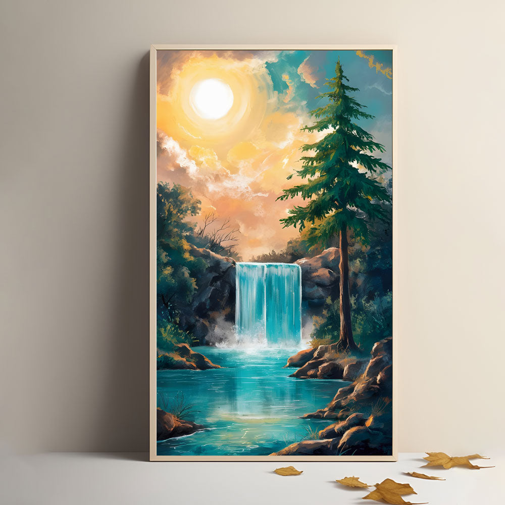 Sunlit Forest Waterfall Painting by Krutik – Tranquil Nature Landscape Art