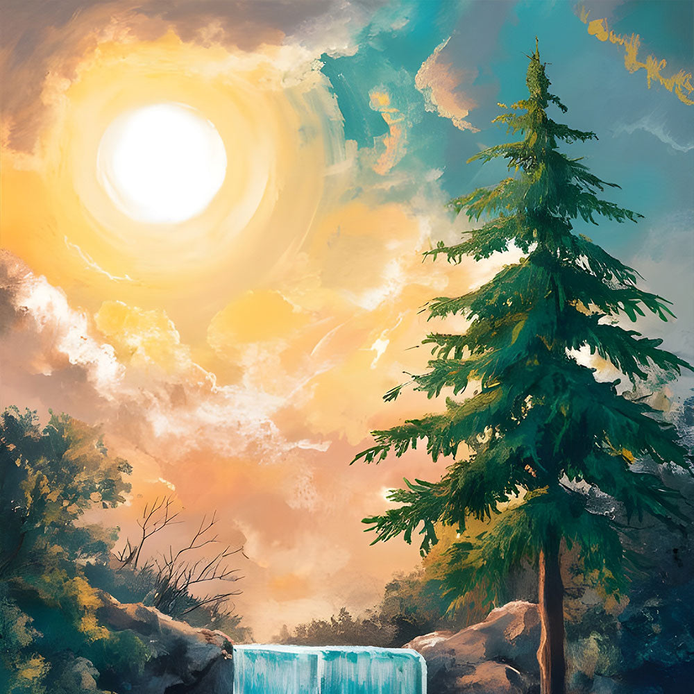 Sunlit Forest Waterfall Painting by Krutik – Tranquil Nature Landscape Art