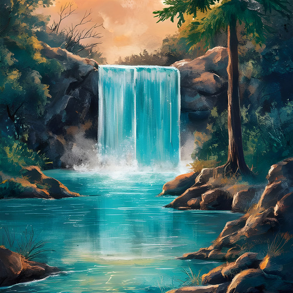 Sunlit Forest Waterfall Painting by Krutik – Tranquil Nature Landscape Art