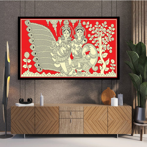 Krishna and Radha with Peacock – A Kalamkari Celebration of Love.