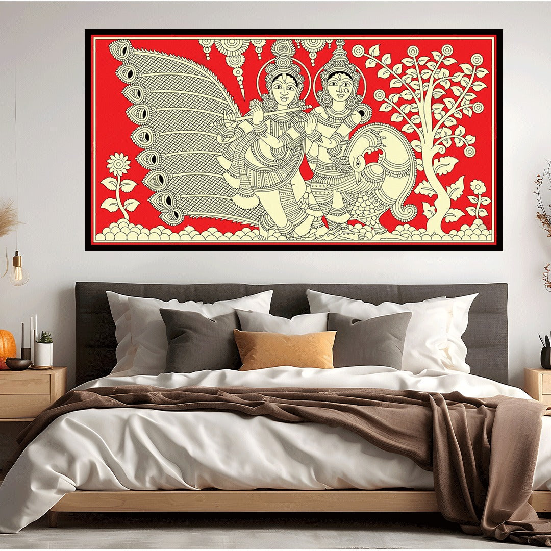 Krishna and Radha with Peacock – A Kalamkari Celebration of Love.