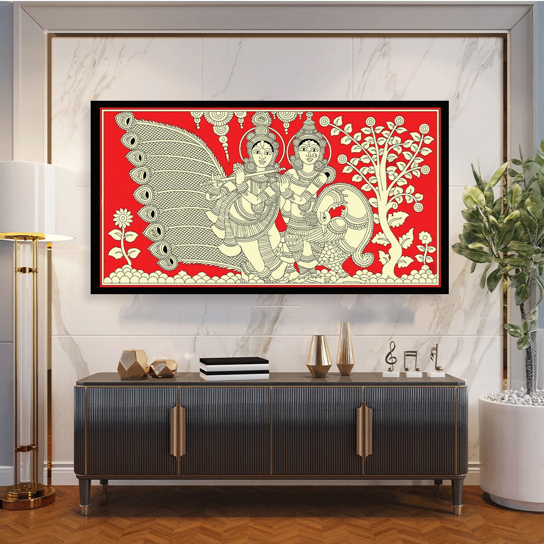 Krishna and Radha with Peacock – A Kalamkari Celebration of Love.