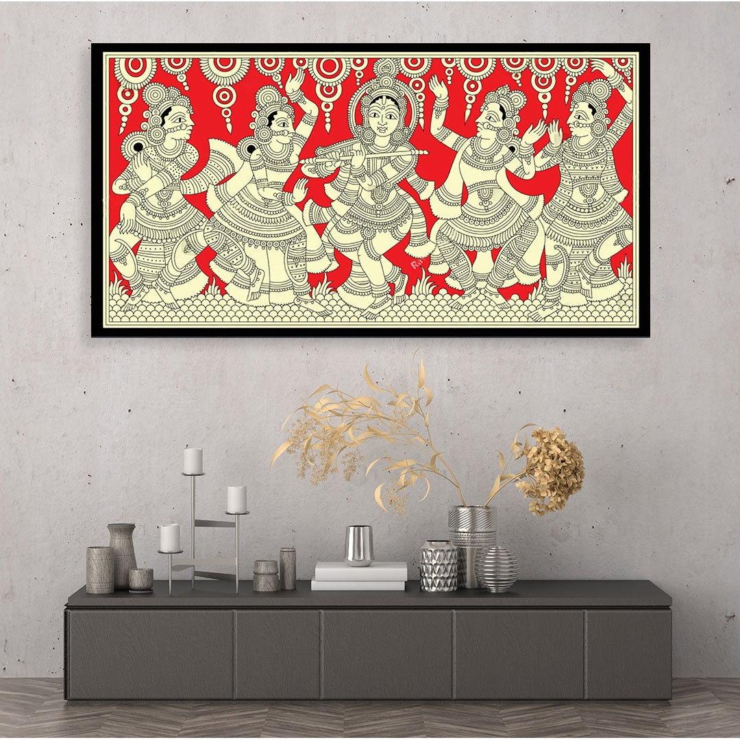 Krishna’s Raas Leela – Dancing with the Gopis (Kalamkari in Red & White).