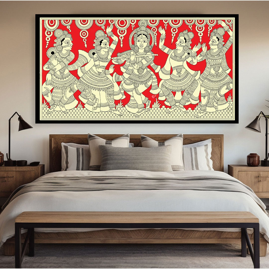 Krishna’s Raas Leela – Dancing with the Gopis (Kalamkari in Red & White).