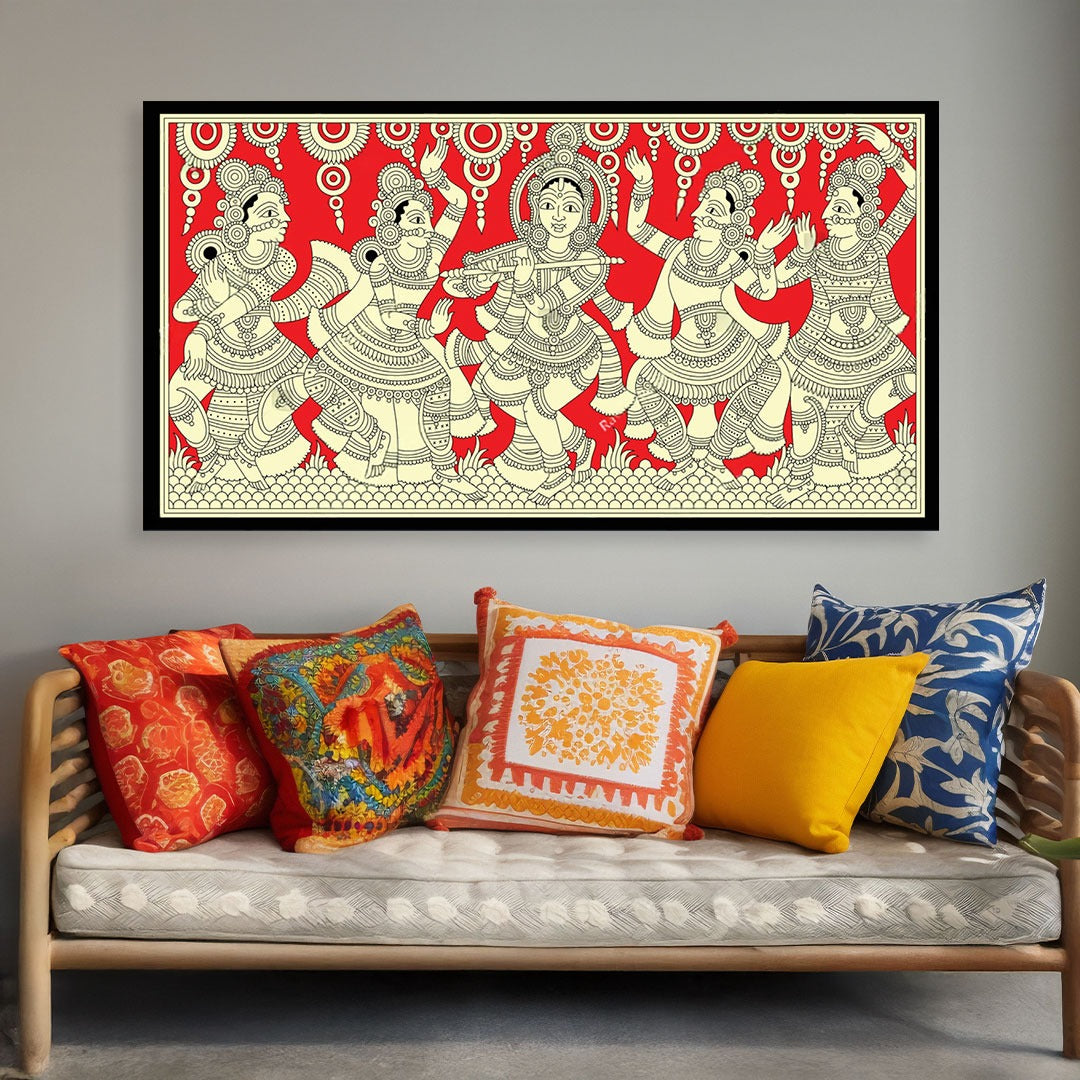 Krishna’s Raas Leela – Dancing with the Gopis (Kalamkari in Red & White).