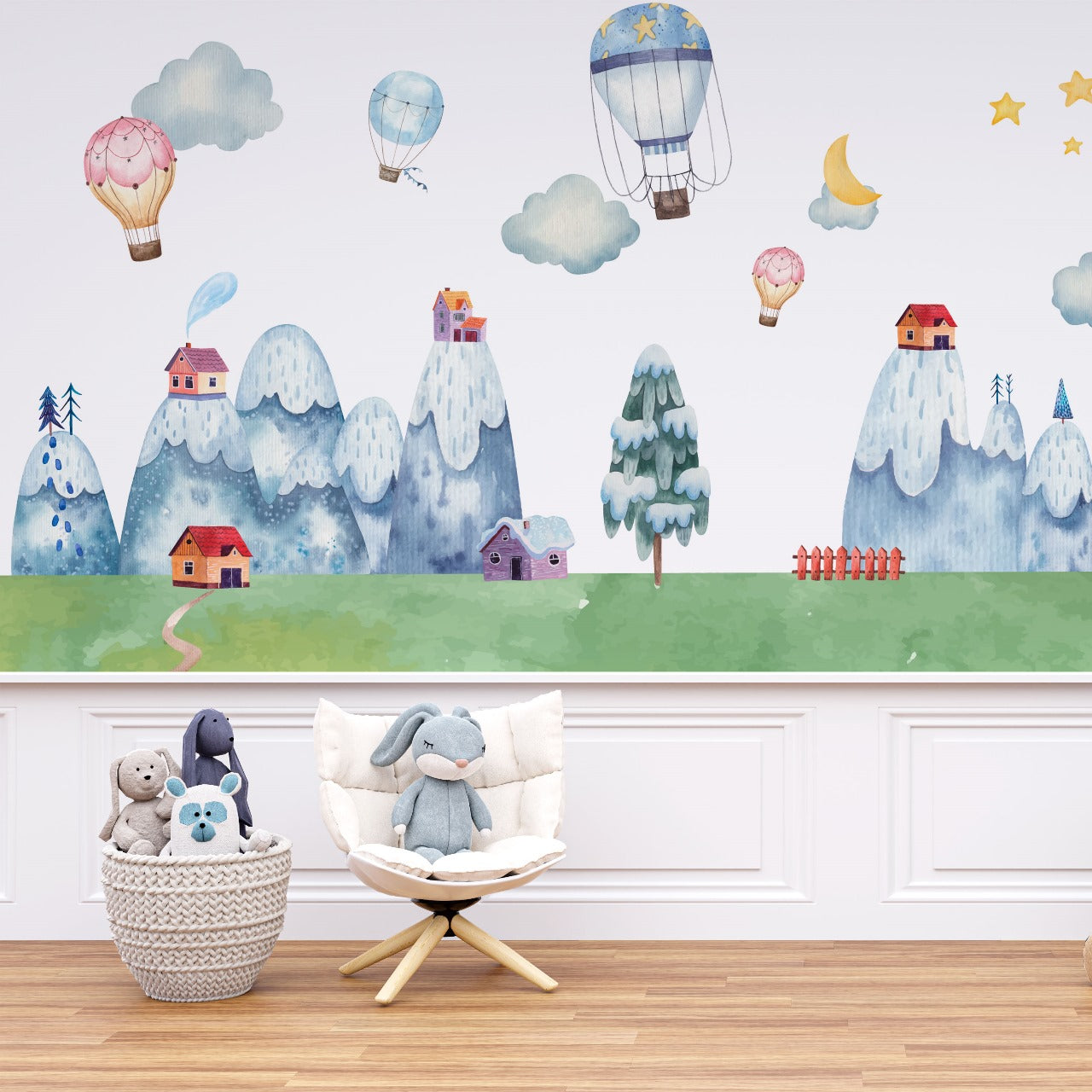 Snowy Dreamland – Balloon & Village Wallpaper for Kids