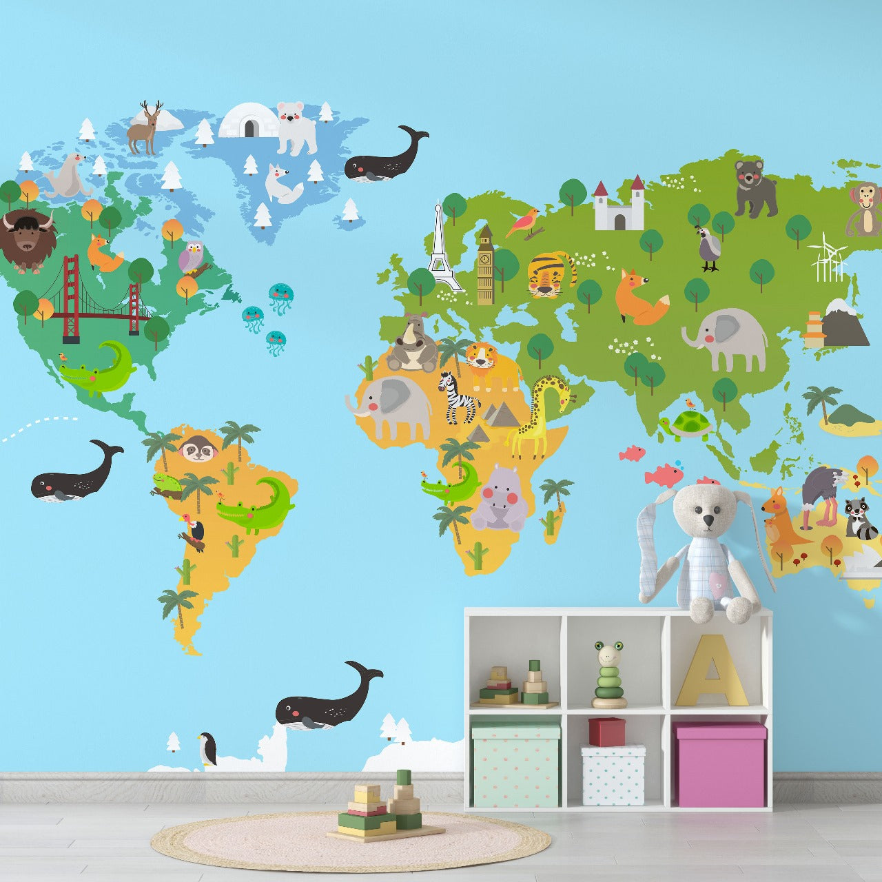 Adventurous Animal World Map – Educational Kids Wallpaper