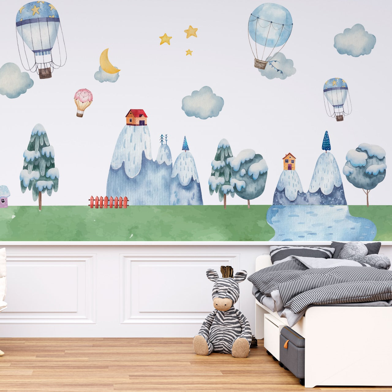 Snowy Dreamland – Balloon & Village Wallpaper for Kids.