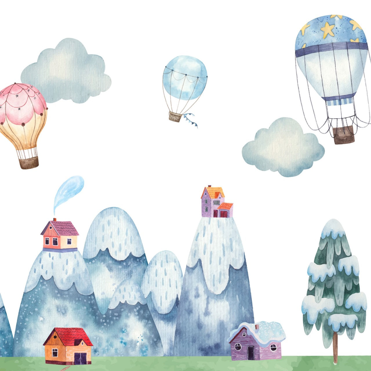 Snowy Dreamland – Balloon & Village Wallpaper for Kids