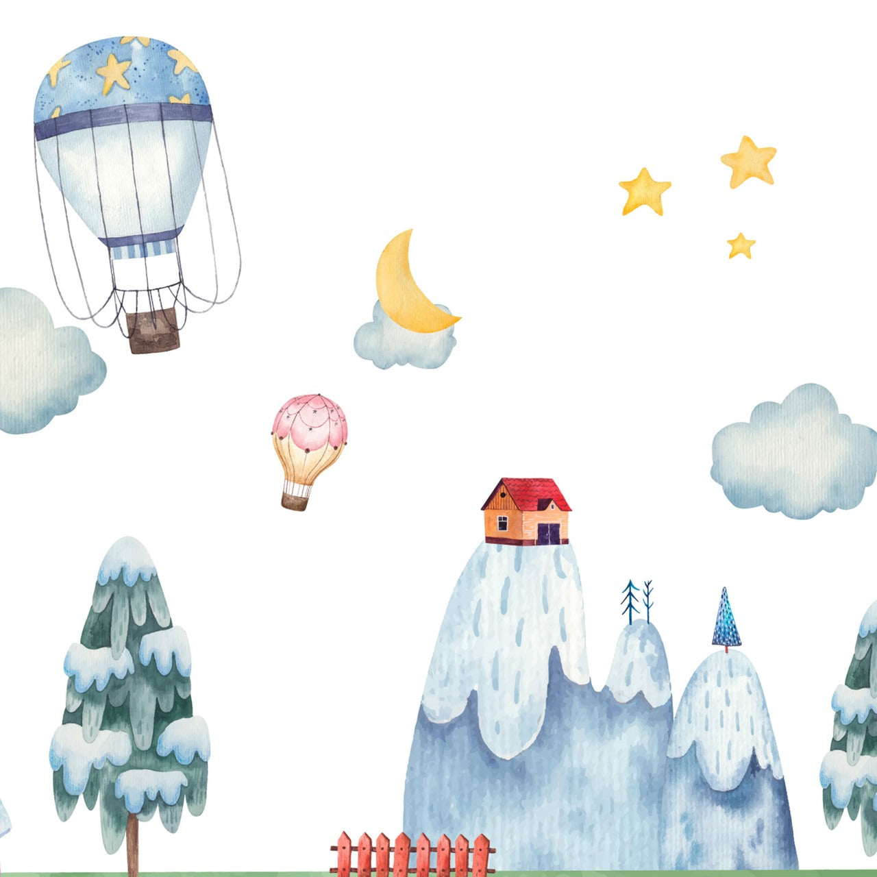 Snowy Dreamland – Balloon & Village Wallpaper for Kids.