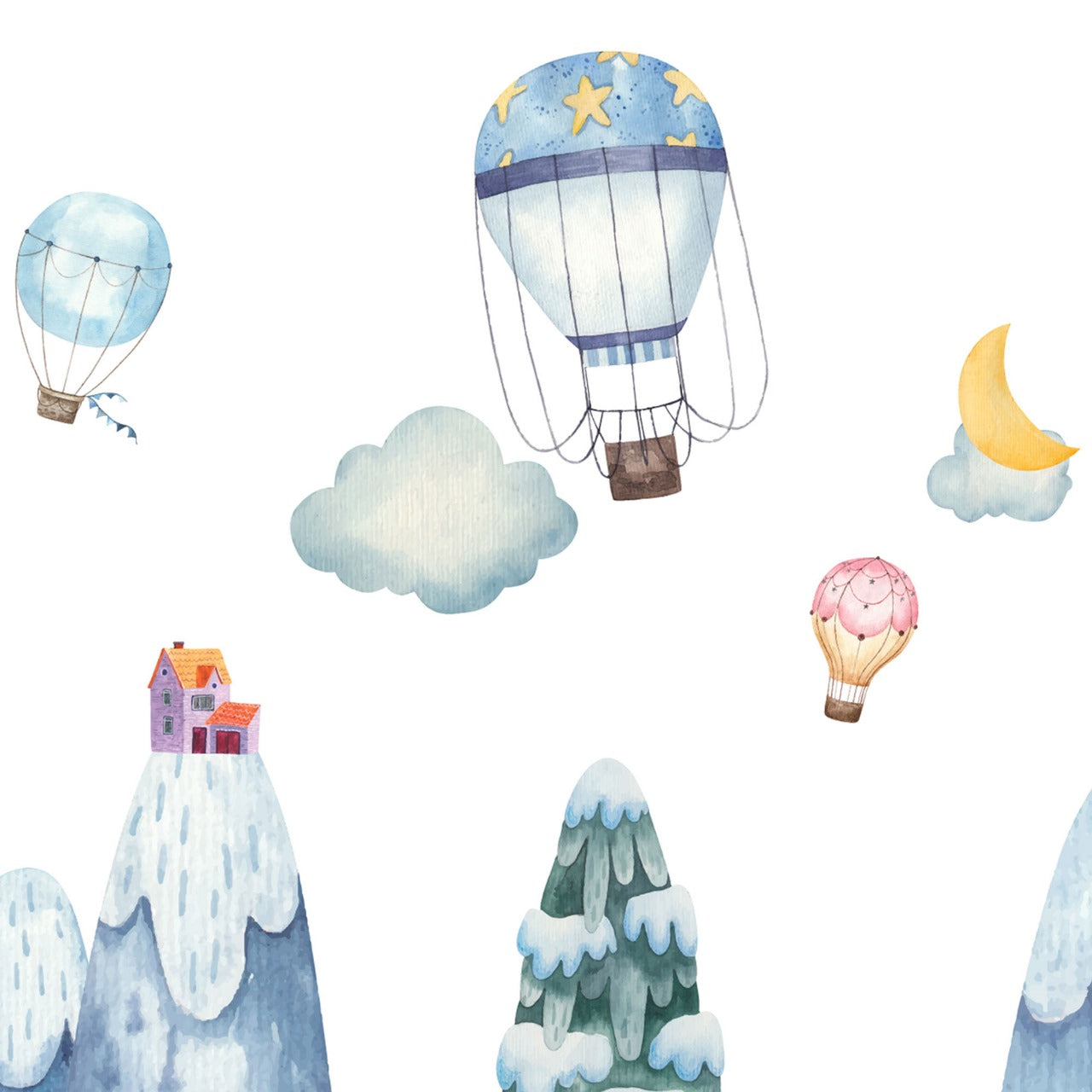 Snowy Dreamland – Balloon & Village Wallpaper for Kids.