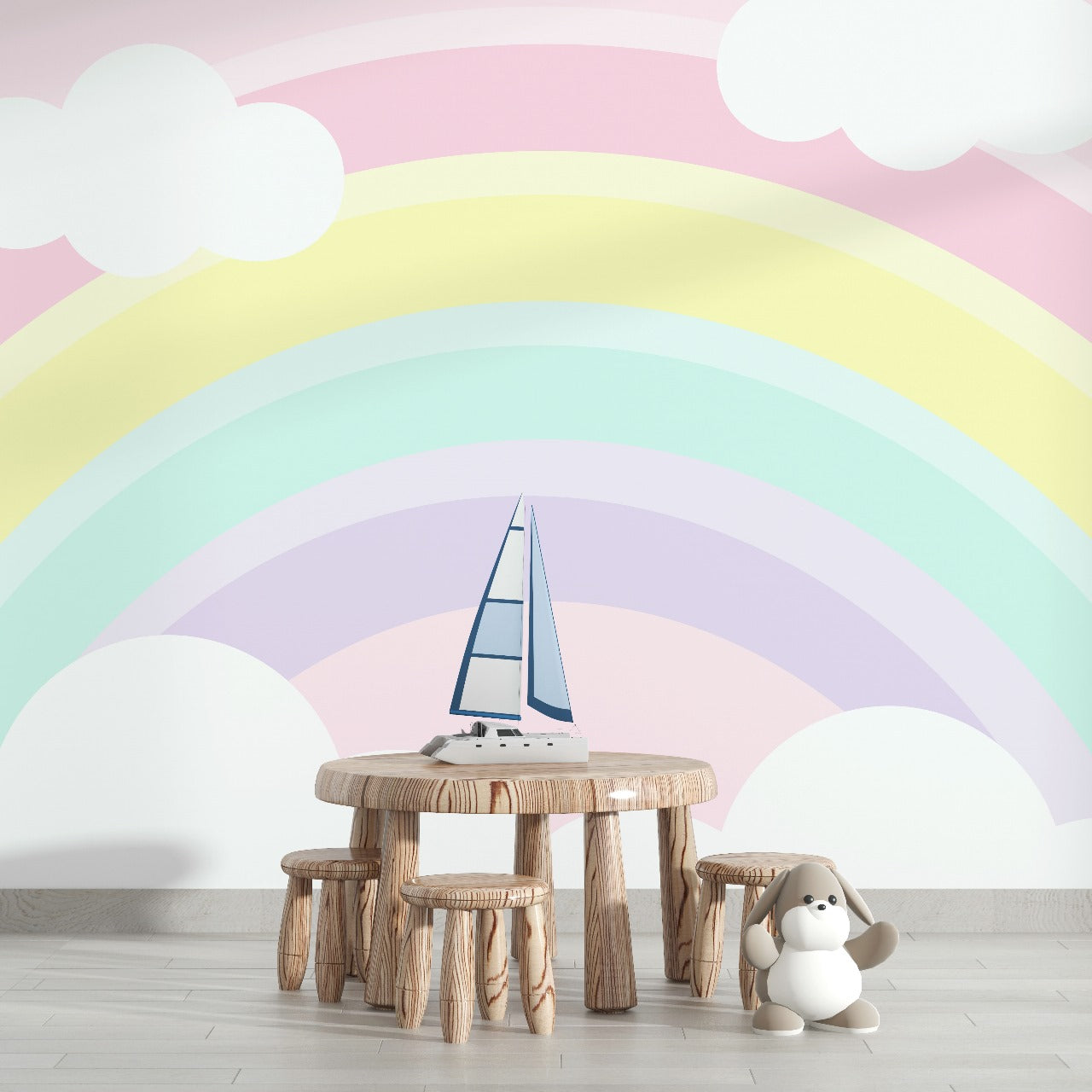 Pastel Rainbow Bliss – Cloudy Sky Wallpaper for Kids