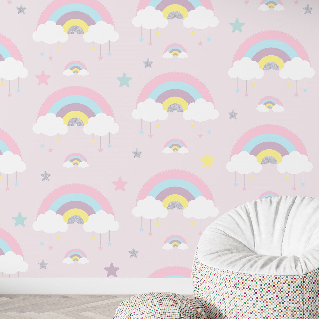 Dreamy Rainbows & Clouds Kids Wallpaper.