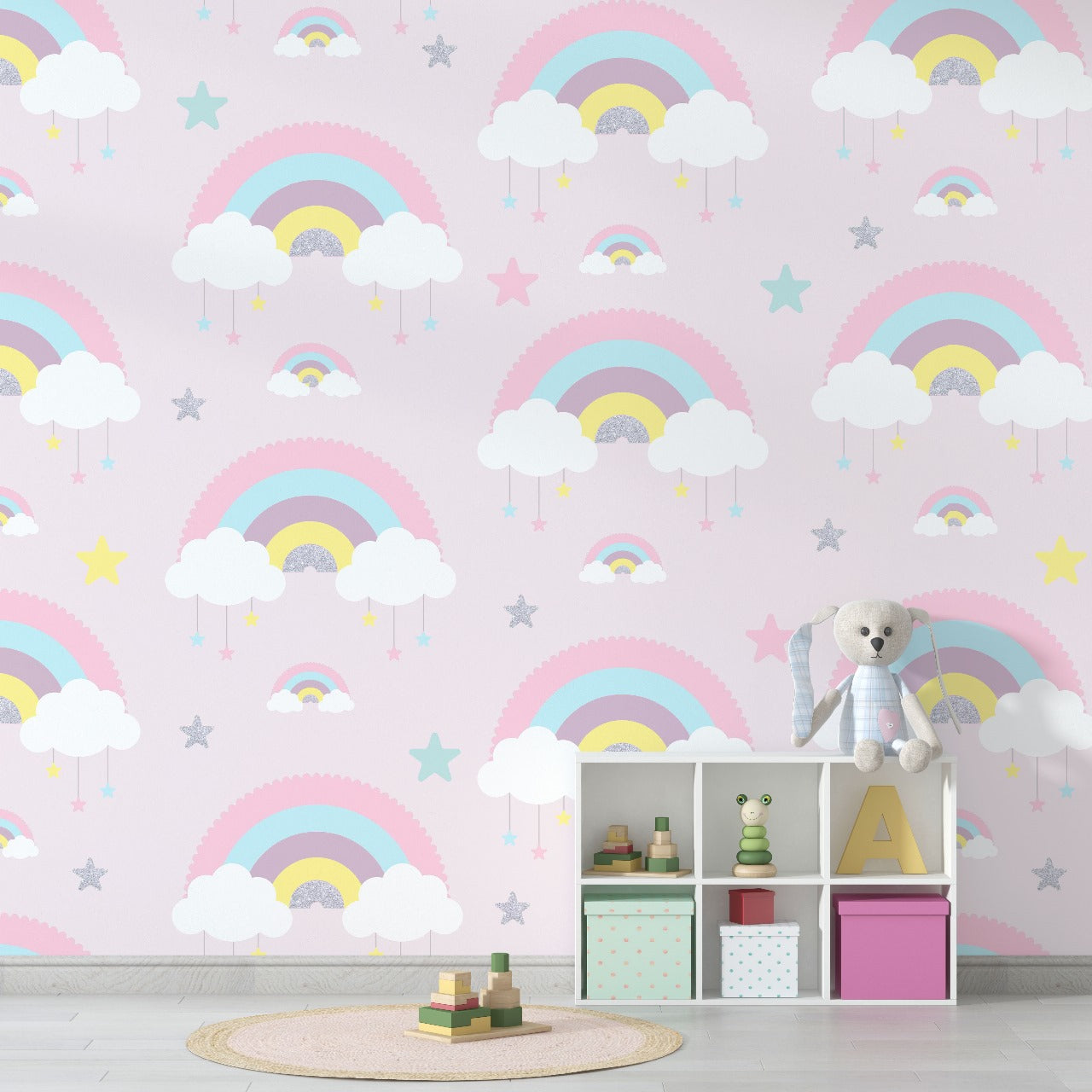 Dreamy Rainbows & Clouds Kids Wallpaper.