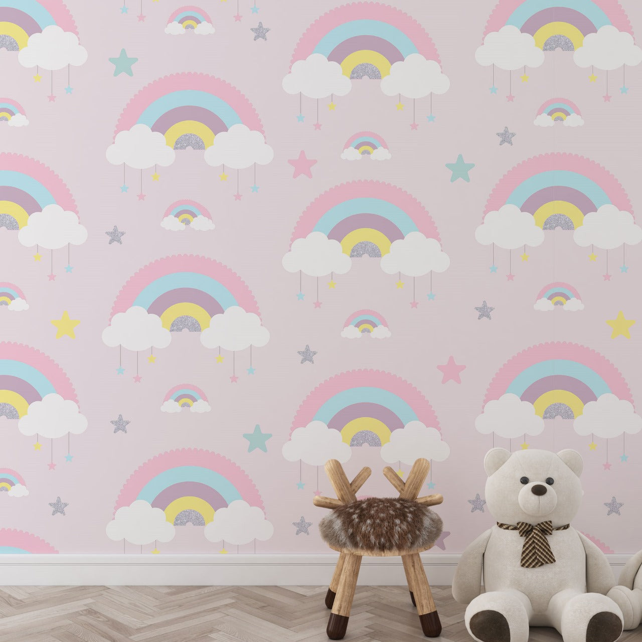 Dreamy Rainbows & Clouds Kids Wallpaper.
