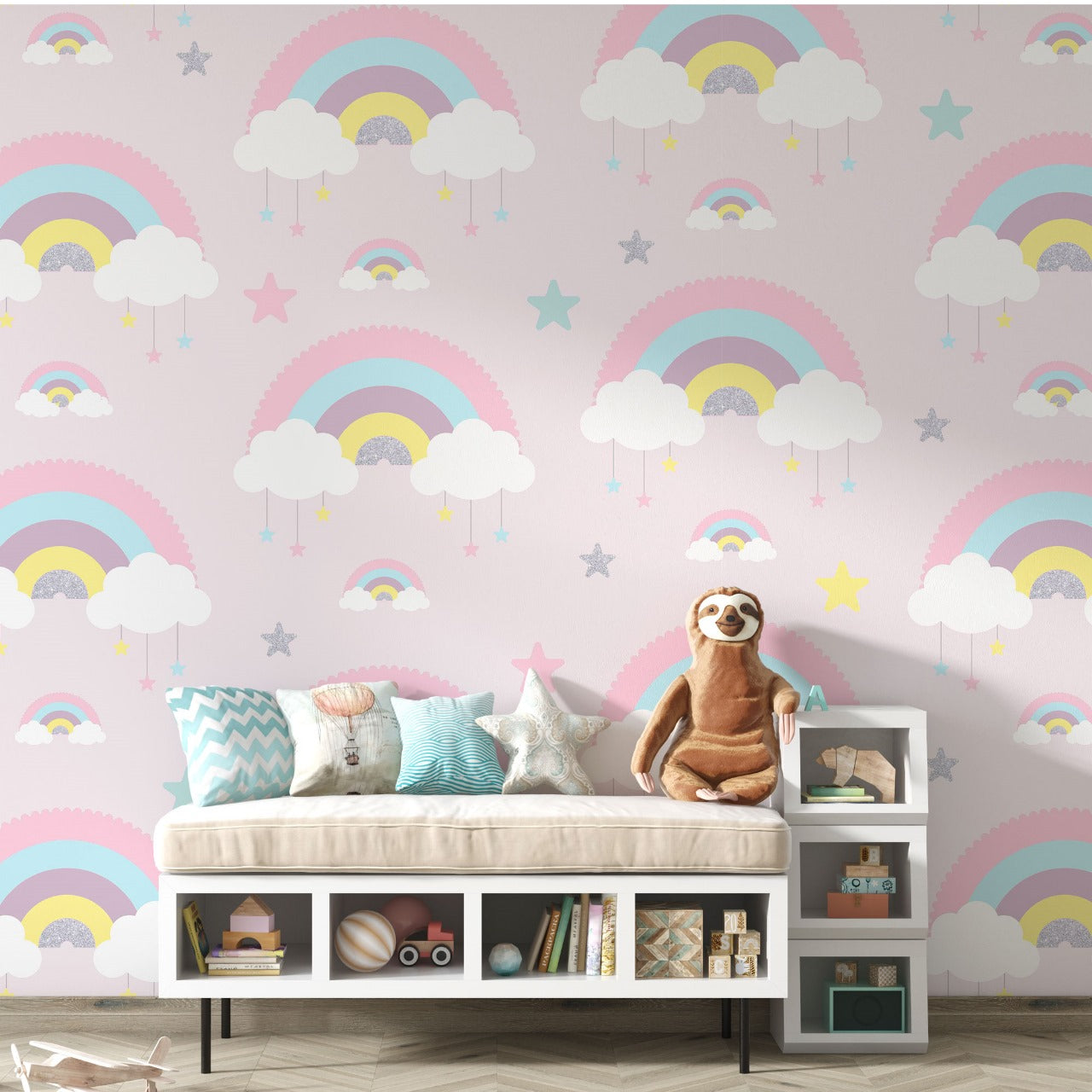 Dreamy Rainbows & Clouds Kids Wallpaper.