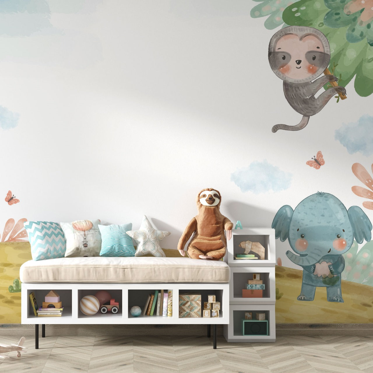 Safari Pals Watercolor Kids Wallpaper.