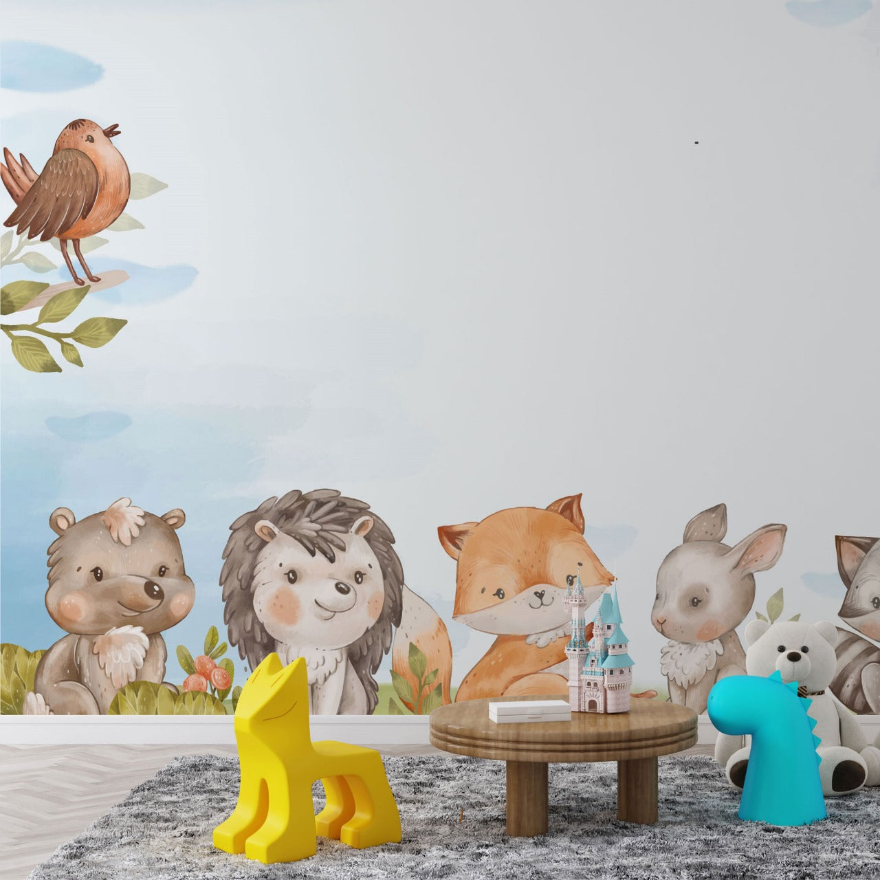 Woodland Friends Gathering Kids Wallpaper.