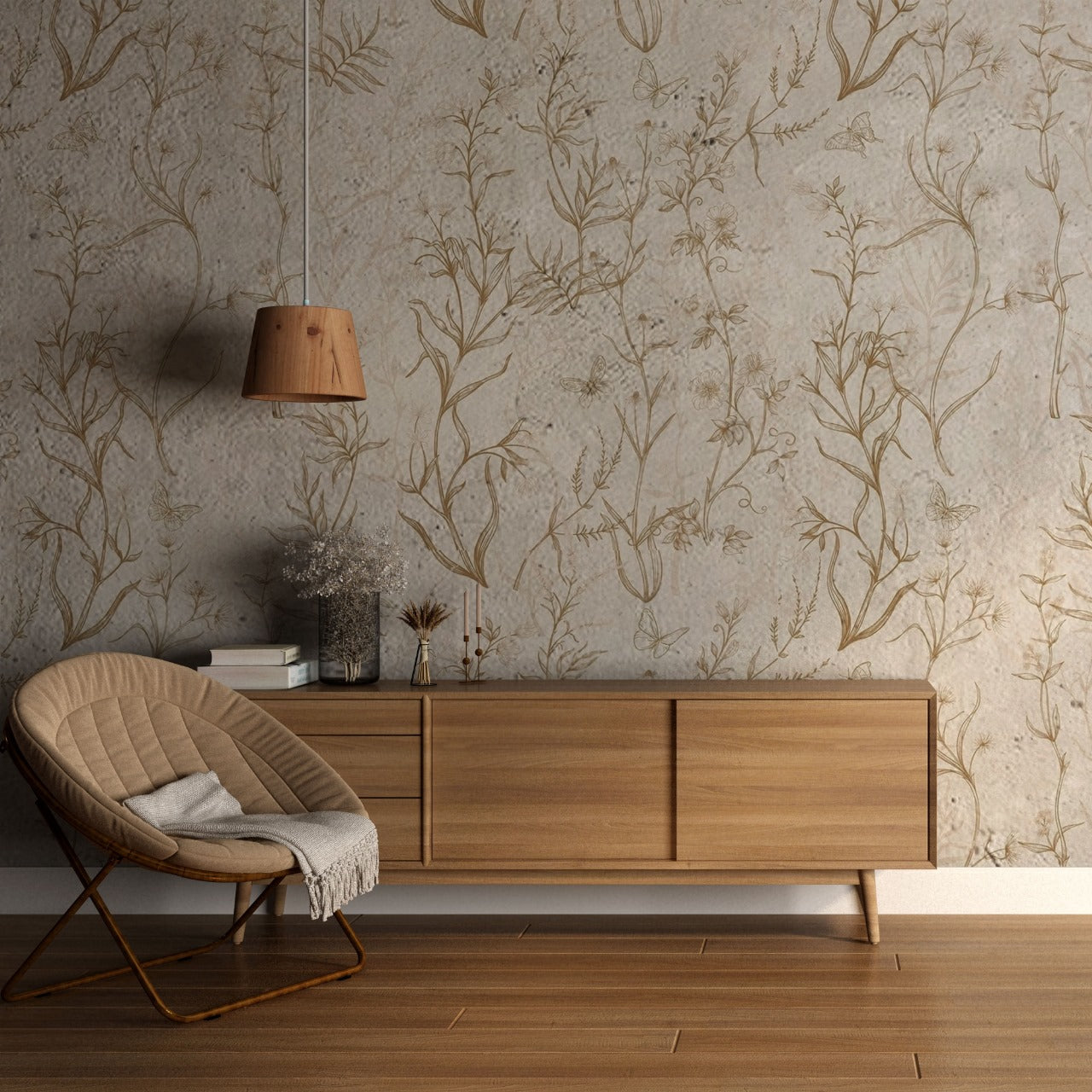 Wild Whisper – Botanical Sketch Wallpaper with Butterflies by Krutik