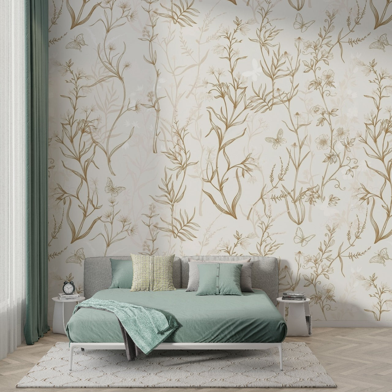 Wild Whisper – Botanical Sketch Wallpaper with Butterflies by Krutik.
