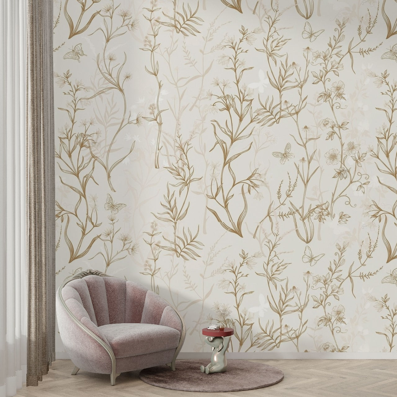 Wild Whisper – Botanical Sketch Wallpaper with Butterflies by Krutik.