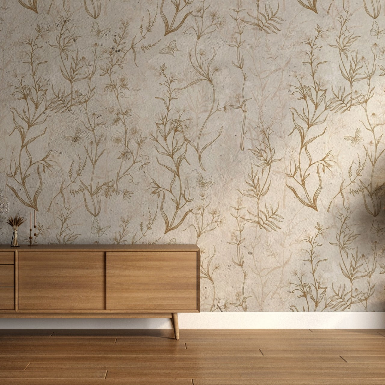 Wild Whisper – Botanical Sketch Wallpaper with Butterflies by Krutik.
