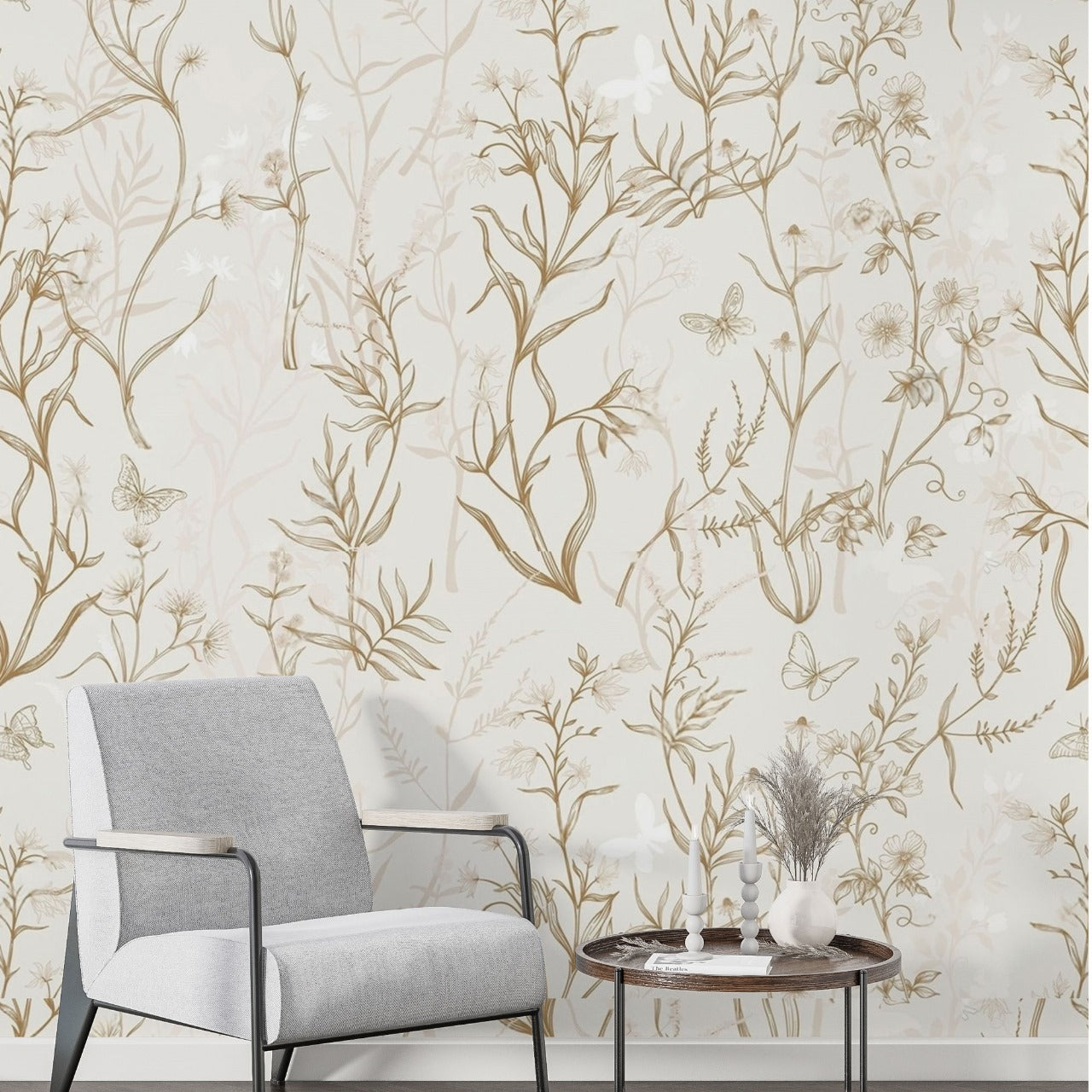 Wild Whisper – Botanical Sketch Wallpaper with Butterflies by Krutik.