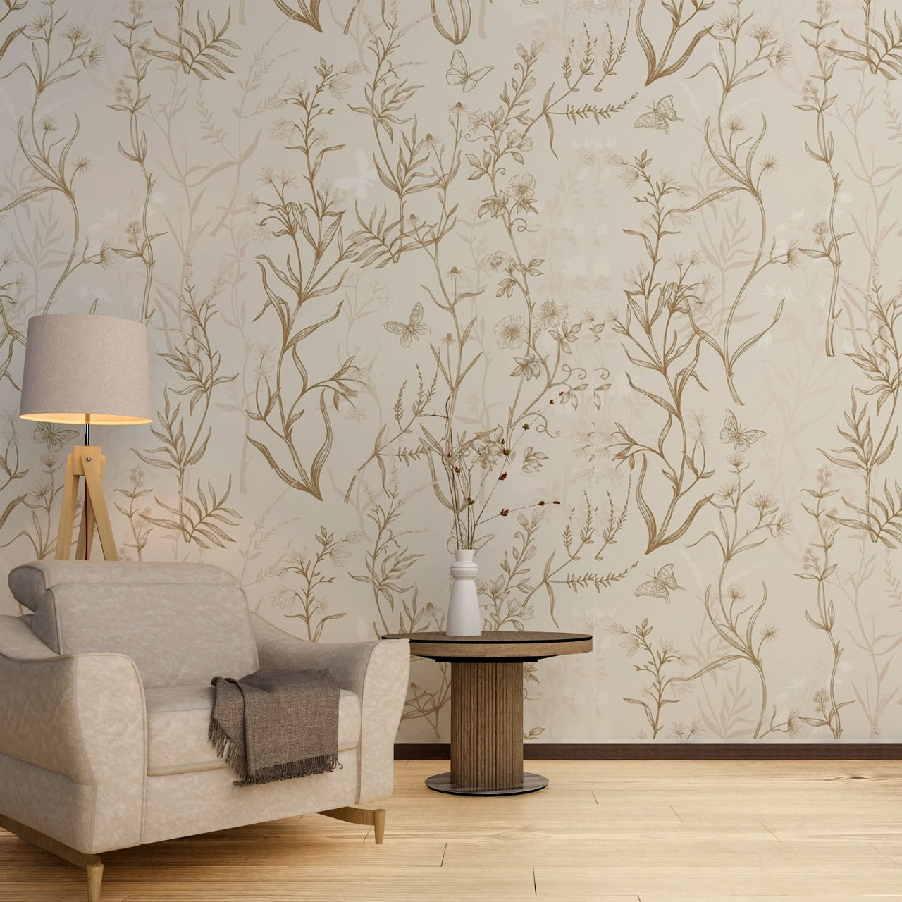 Wild Whisper – Botanical Sketch Wallpaper with Butterflies by Krutik.