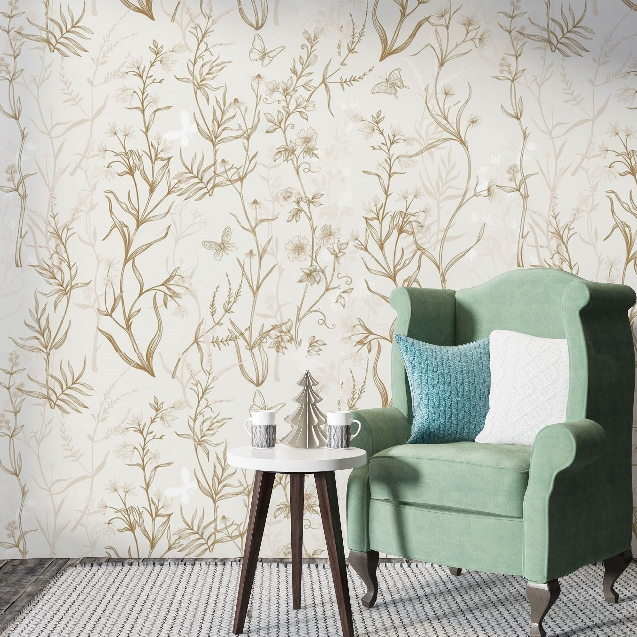 Wild Whisper – Botanical Sketch Wallpaper with Butterflies by Krutik.