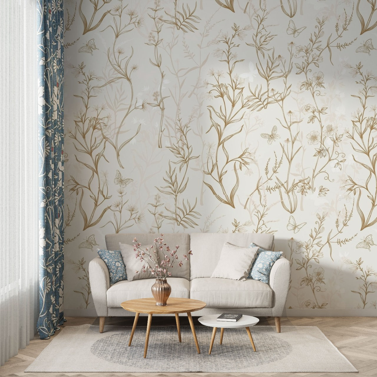 Wild Whisper – Botanical Sketch Wallpaper with Butterflies by Krutik.