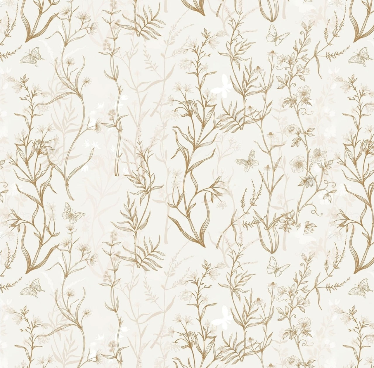 Wild Whisper – Botanical Sketch Wallpaper with Butterflies by Krutik