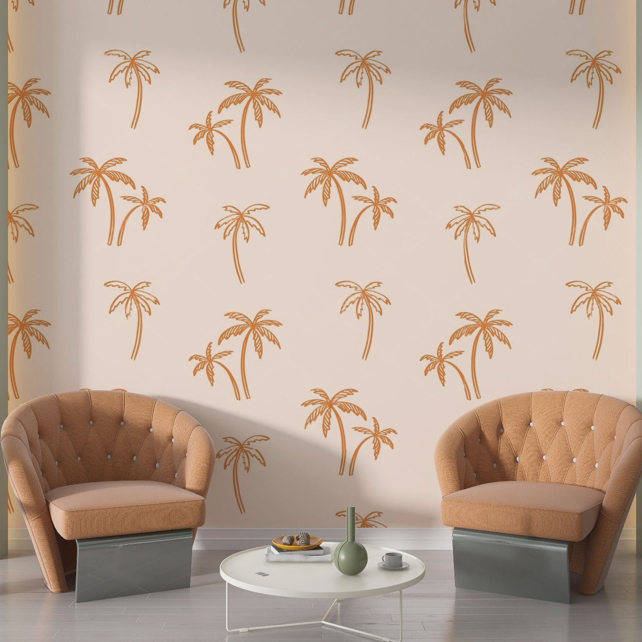Coastal Vibe – Minimal Palm Tree Wallpaper in Soft Peach by Krutik