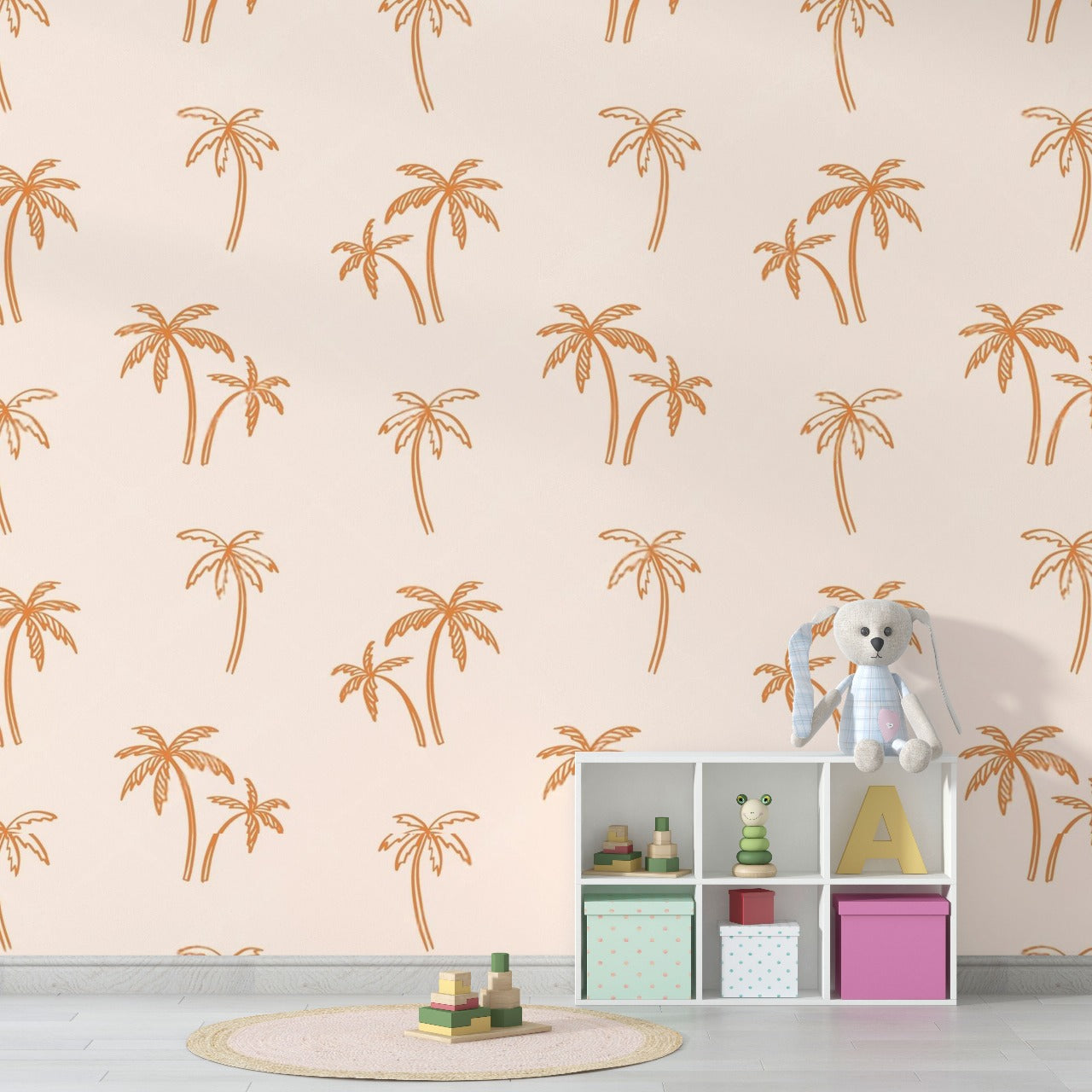 Coastal Vibe – Minimal Palm Tree Wallpaper in Soft Peach by Krutik.