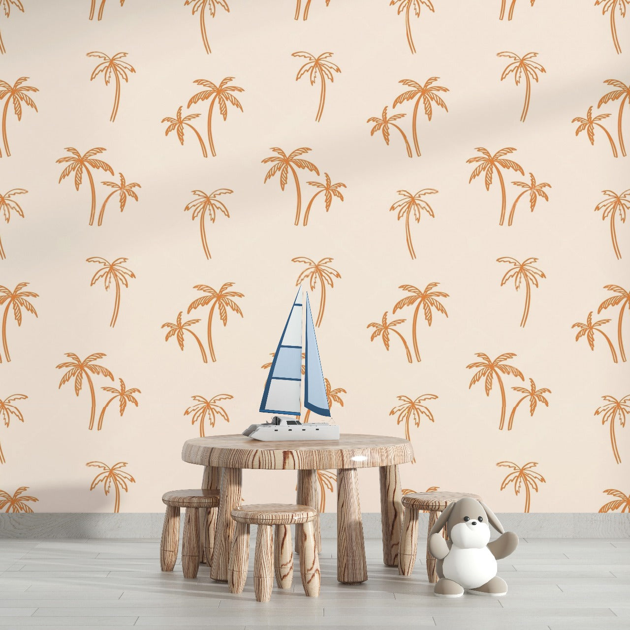 Coastal Vibe – Minimal Palm Tree Wallpaper in Soft Peach by Krutik.