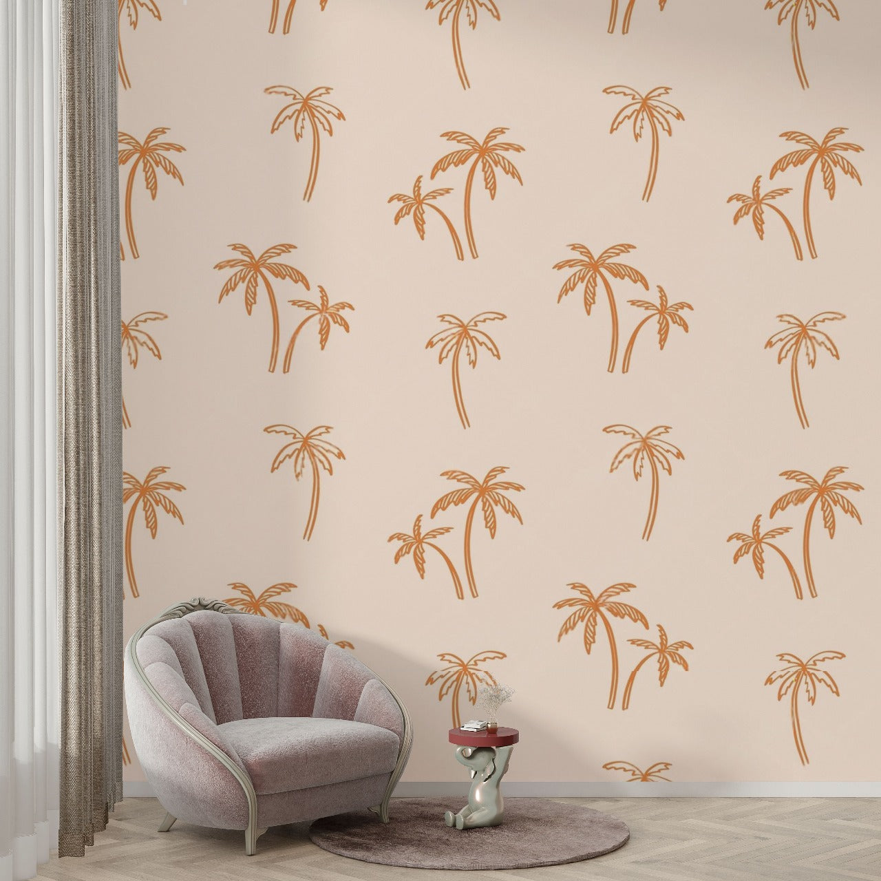 Coastal Vibe – Minimal Palm Tree Wallpaper in Soft Peach by Krutik