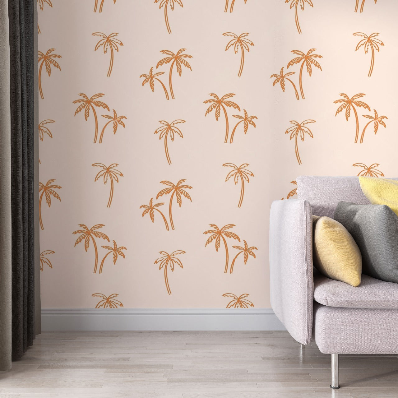 Coastal Vibe – Minimal Palm Tree Wallpaper in Soft Peach by Krutik.