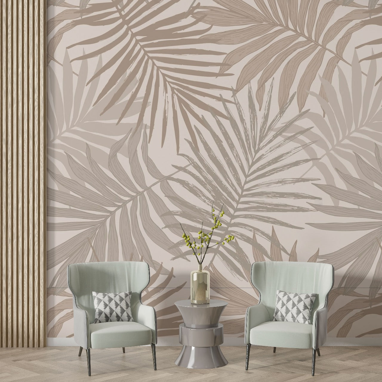 Desert Palm – Beige & Sand Tropical Leaf Wallpaper by Krutik