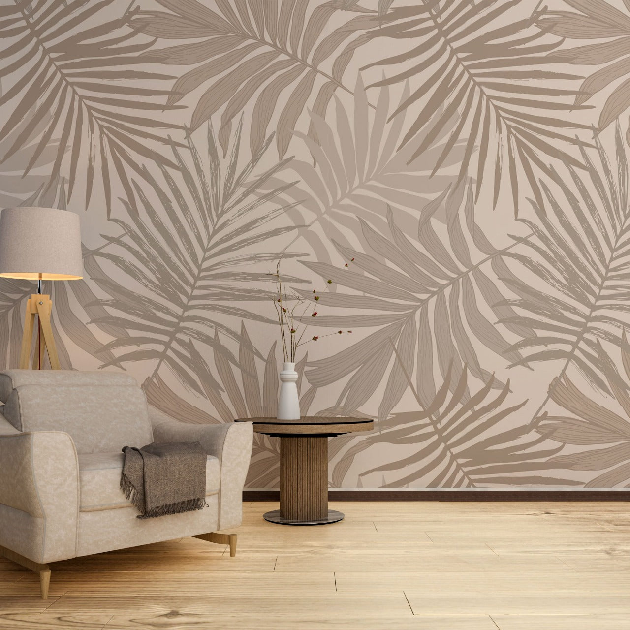 Desert Palm – Beige & Sand Tropical Leaf Wallpaper by Krutik.