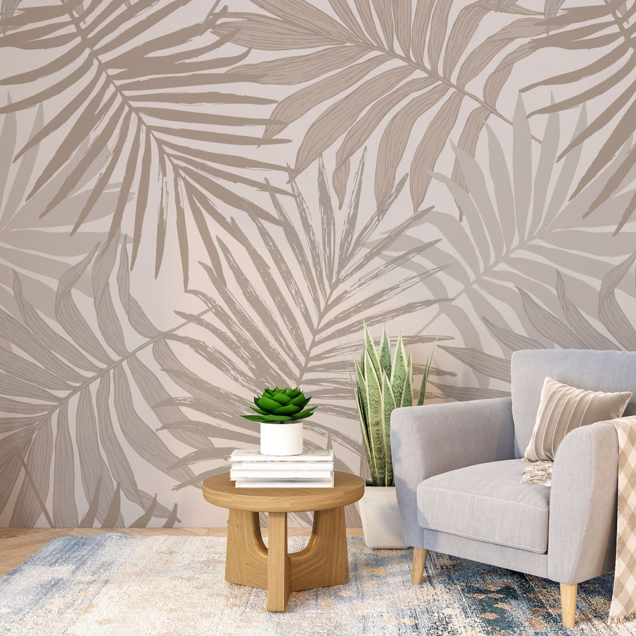 Desert Palm – Beige & Sand Tropical Leaf Wallpaper by Krutik.