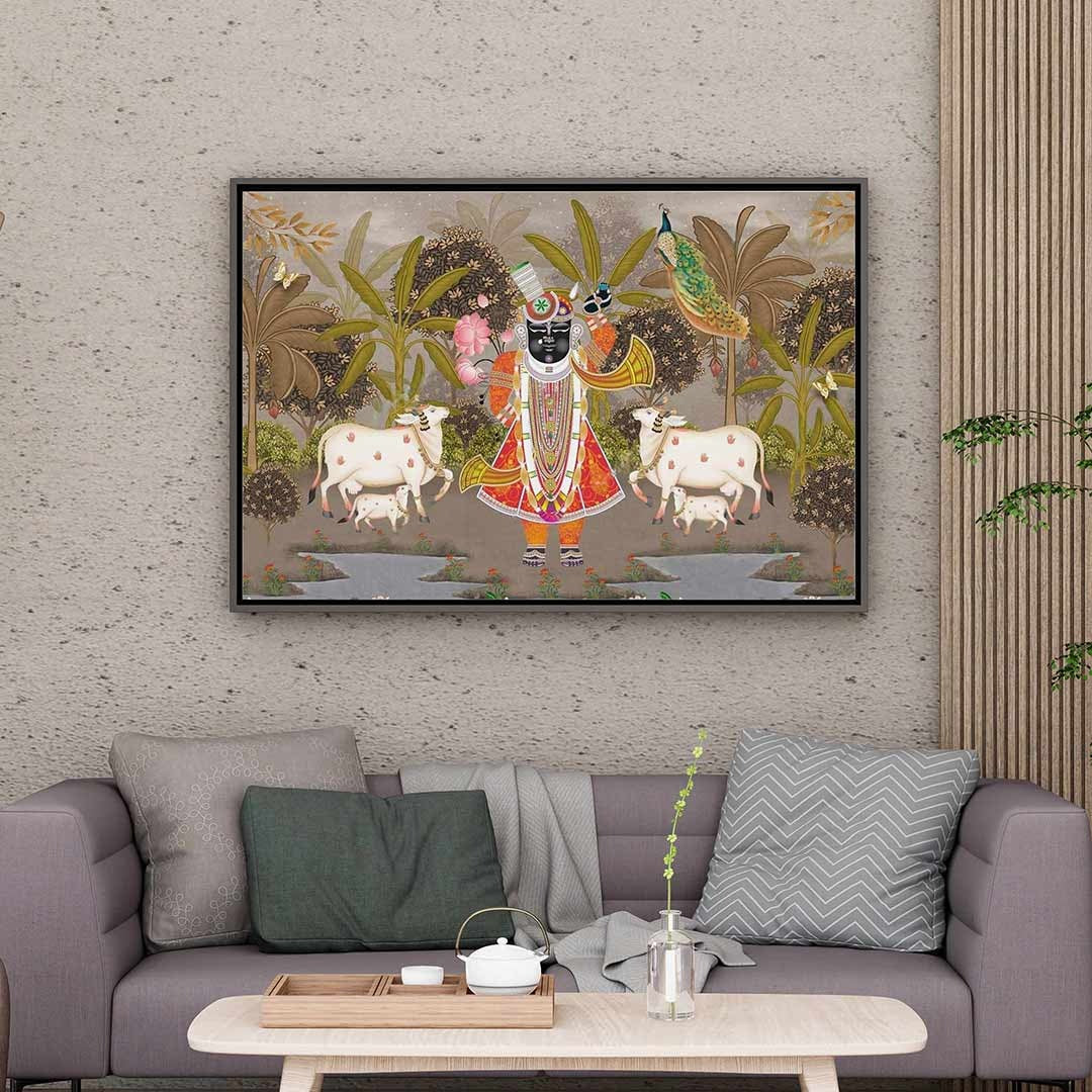 Divine Meadows – Shrinathji & Cows Pichwai Art.