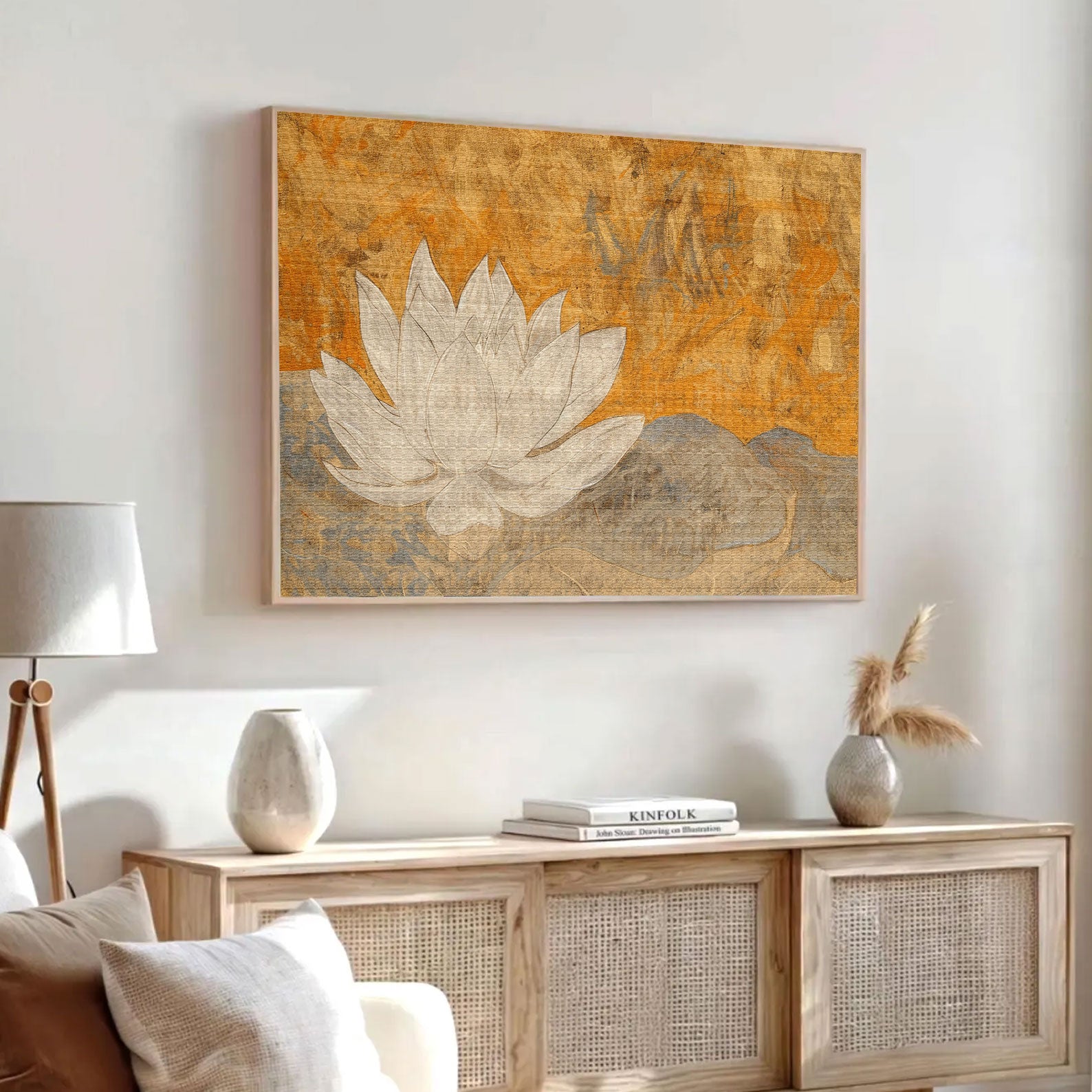 White Lotus Canvas Painting – Spiritual Wall Painting for Home & Meditation