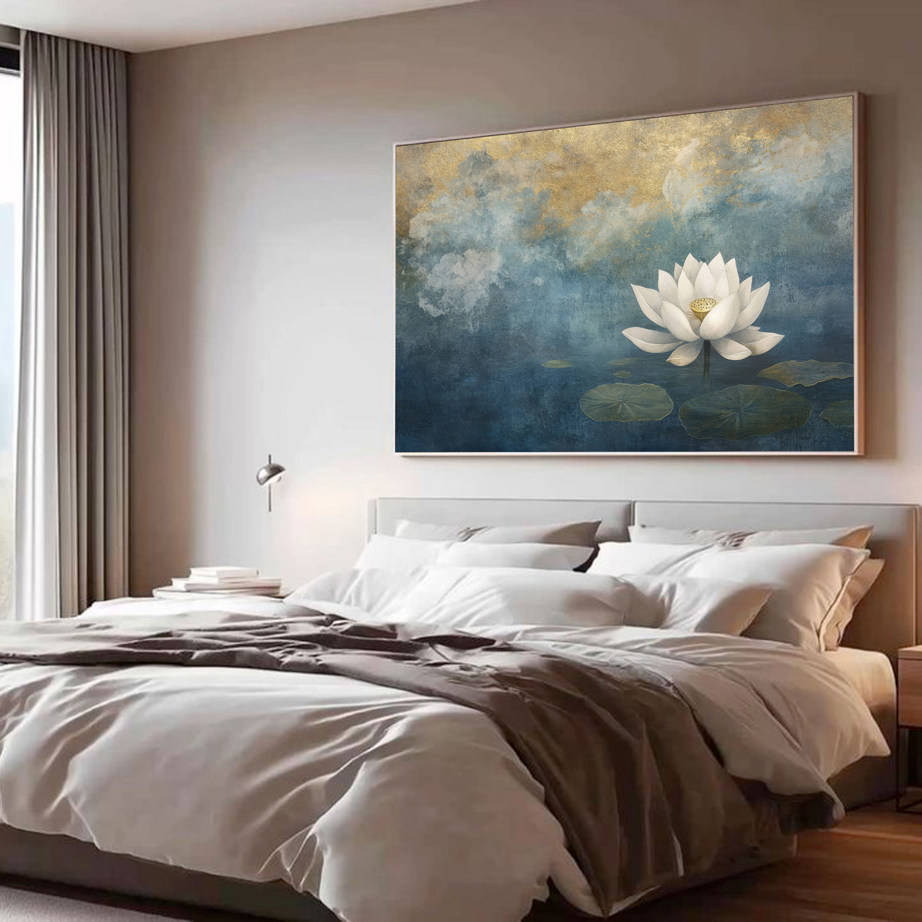 White Lotus Canvas Painting – Ethereal Spiritual Wall Painting for Home.