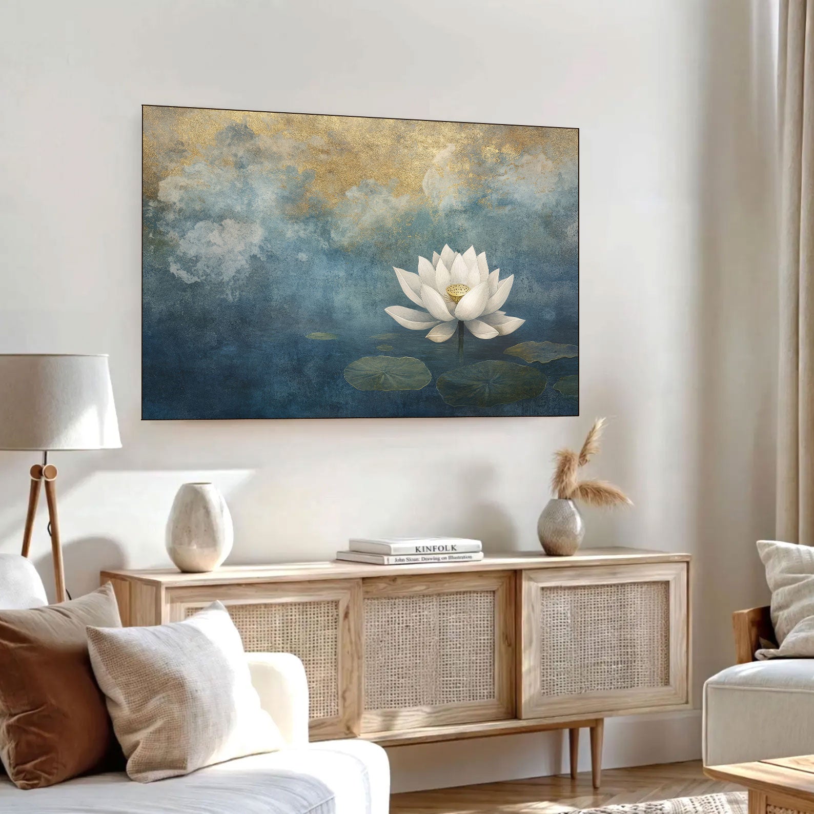 White Lotus Canvas Painting – Ethereal Spiritual Wall Painting for Home.
